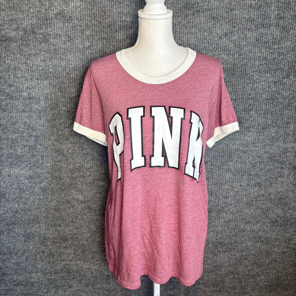 Pink Victoria's Secret Ringer T-Shirt Heather Rose Logo Graphic Tee Large NWT